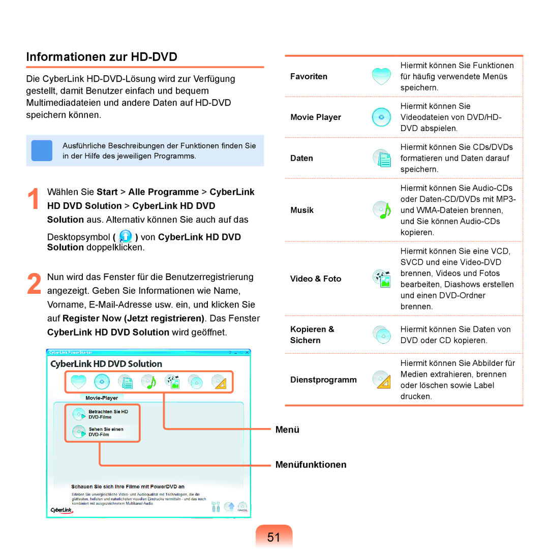 Samsung NP-R25A001/SES, NP-R25A000/SES manual Informationen zur HD-DVD, Menü Menüfunktionen 