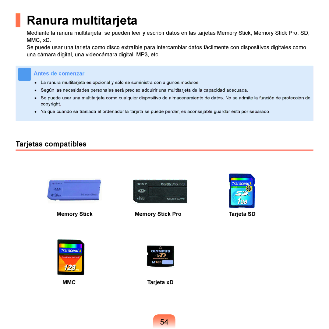 Samsung NP-R25A000/SES, NP-R25A001/SES manual Ranura multitarjeta, Tarjetas compatibles, Memory Stick Memory Stick Pro 