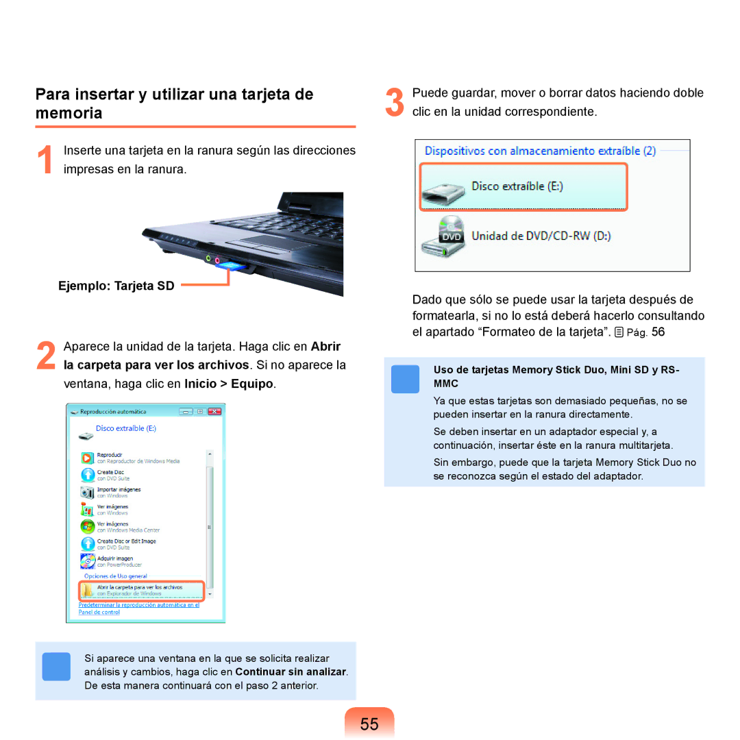 Samsung NP-R25A001/SES, NP-R25A000/SES manual Para insertar y utilizar una tarjeta de memoria, Ejemplo Tarjeta SD 