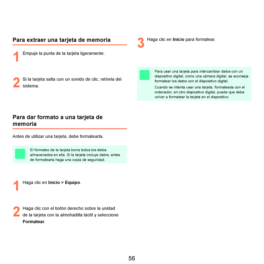 Samsung NP-R25A000/SES, NP-R25A001/SES manual Para extraer una tarjeta de memoria, Para dar formato a una tarjeta de memoria 