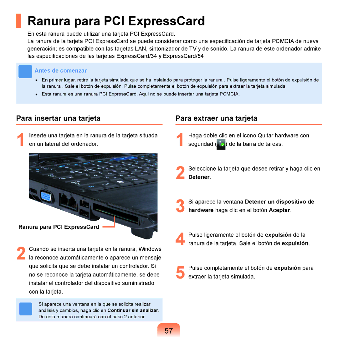 Samsung NP-R25A001/SES, NP-R25A000/SES Ranura para PCI ExpressCard, Para insertar una tarjeta, Para extraer una tarjeta 