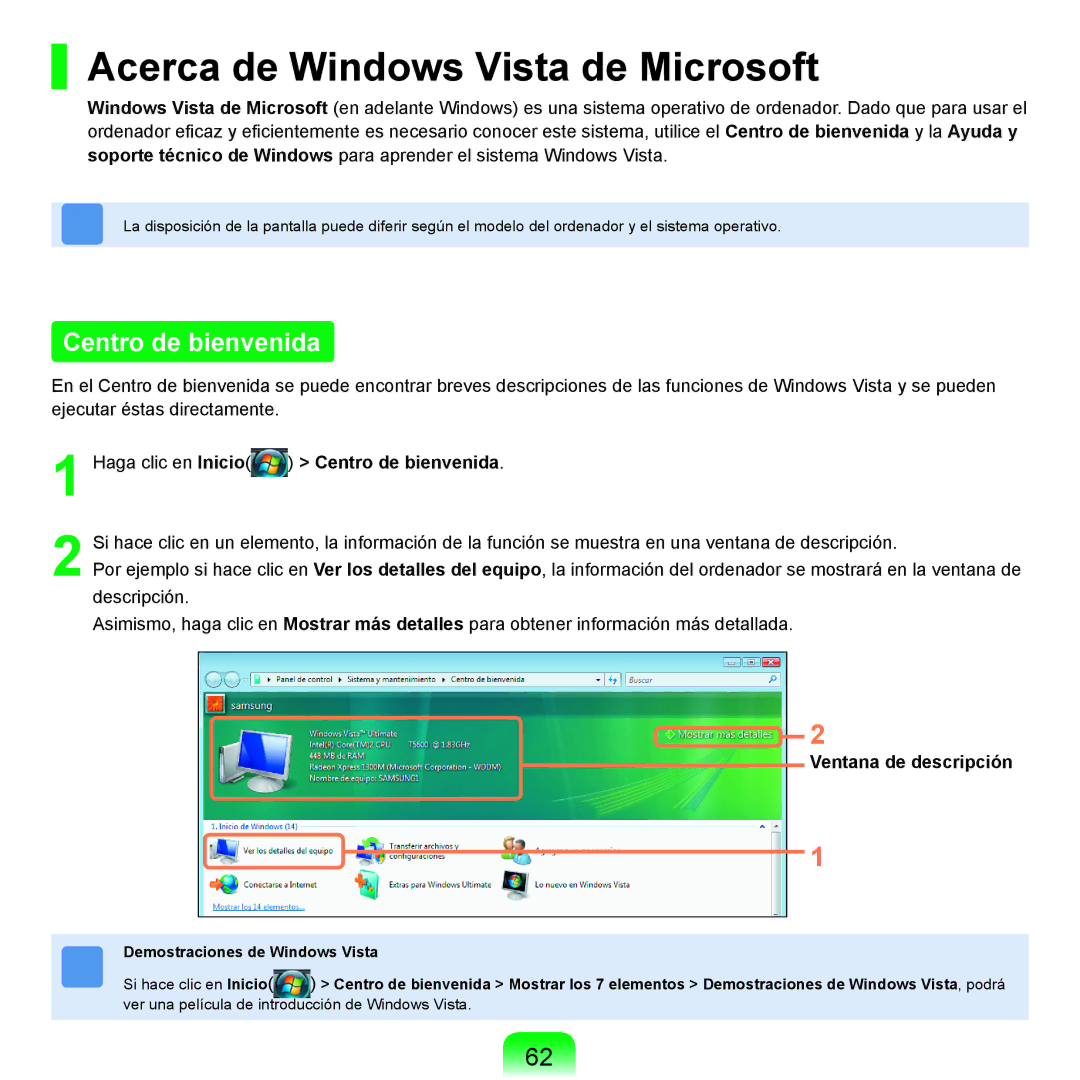 Samsung NP-R25A000/SES, NP-R25A001/SES Acerca de Windows Vista de Microsoft, Centro de bienvenida, Ventana de descripción 