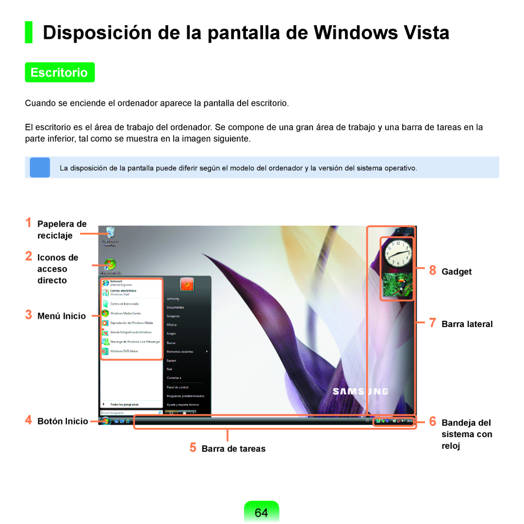 Samsung NP-R25A000/SES, NP-R25A001/SES manual Disposición de la pantalla de Windows Vista, Escritorio 