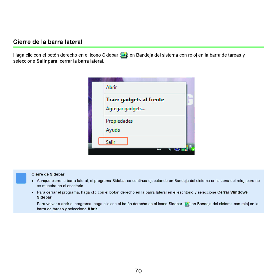 Samsung NP-R25A000/SES, NP-R25A001/SES manual Cierre de la barra lateral, Cierre de Sidebar 