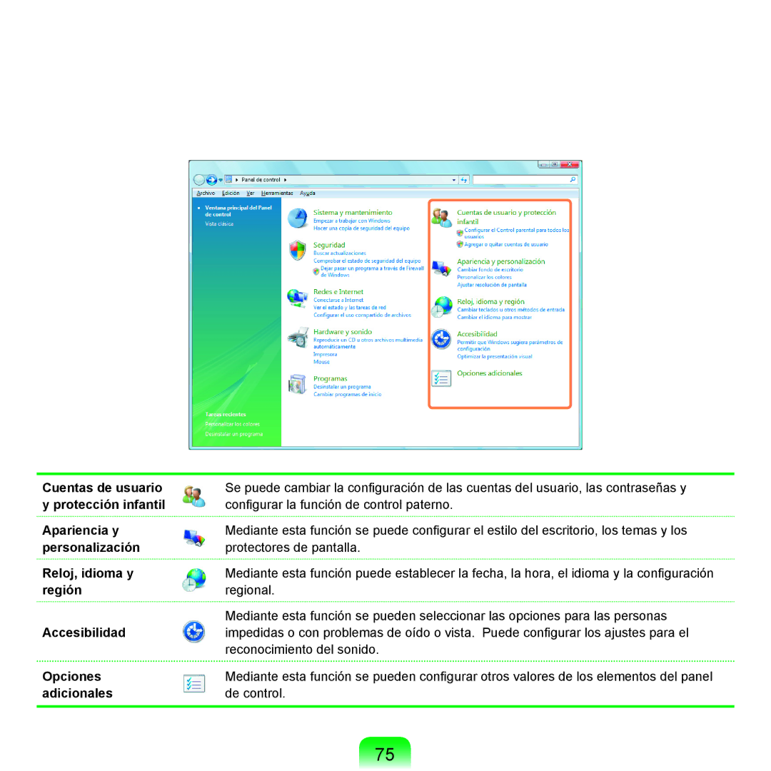 Samsung NP-R25A001/SES Cuentas de usuario, Protección infantil, Apariencia y, Personalización, Reloj, idioma y, Región 