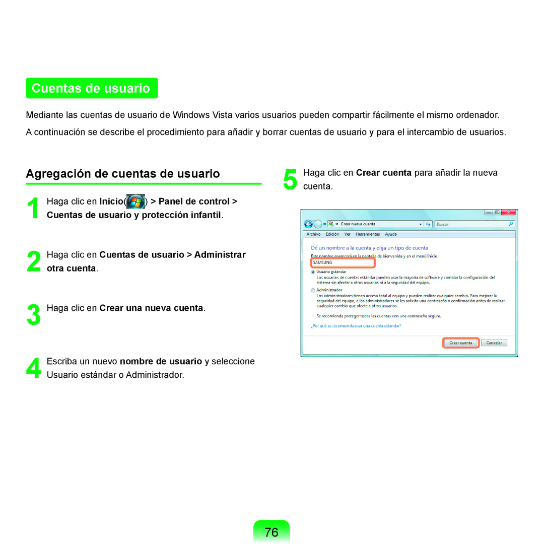 Samsung NP-R25A000/SES, NP-R25A001/SES manual Cuentas de usuario, Agregación de cuentas de usuario 