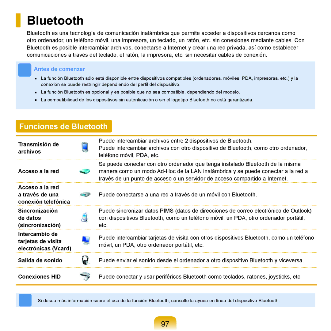 Samsung NP-R25A001/SES, NP-R25A000/SES manual Funciones de Bluetooth 