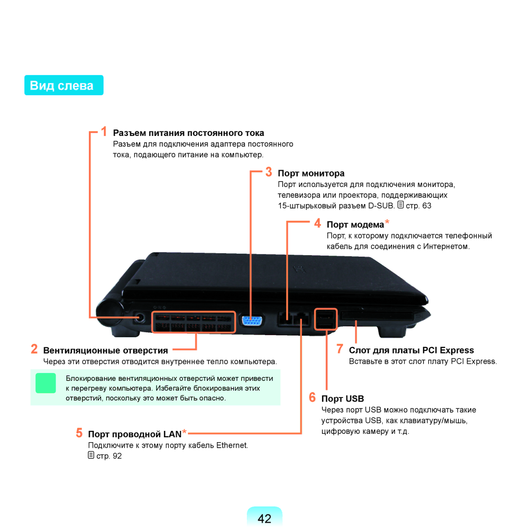 Samsung NP-R25F002/SER, NP-R25A002/SER, NP-R25A003/SER, NP-R25F001/SER, NP-R25F000/SER, NP-R25A004/SER manual Вид слева 