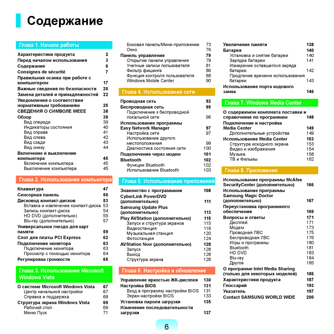 Samsung NP-R25A002/SER, NP-R25F002/SER, NP-R25A003/SER, NP-R25F001/SER, NP-R25F000/SER, NP-R25A004/SER manual Содержание 