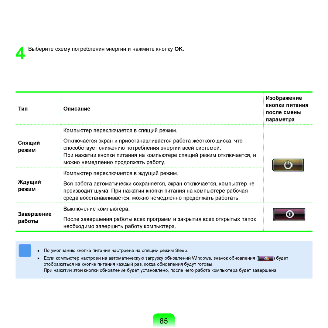 Samsung NP-R25A003/SER manual Тип Спящий Режим Ждущий Описание, Изображение кнопки питания после смены параметра Завершение 