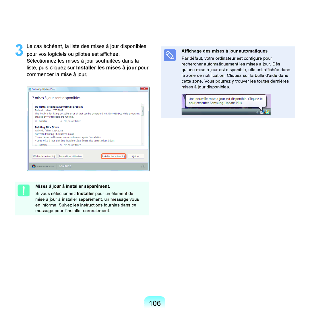 Samsung NP-R40FY03/SEF, NP-R40FY00/SEF 106, Mises à jour à installer séparément, Affichage des mises à jour automatiques 