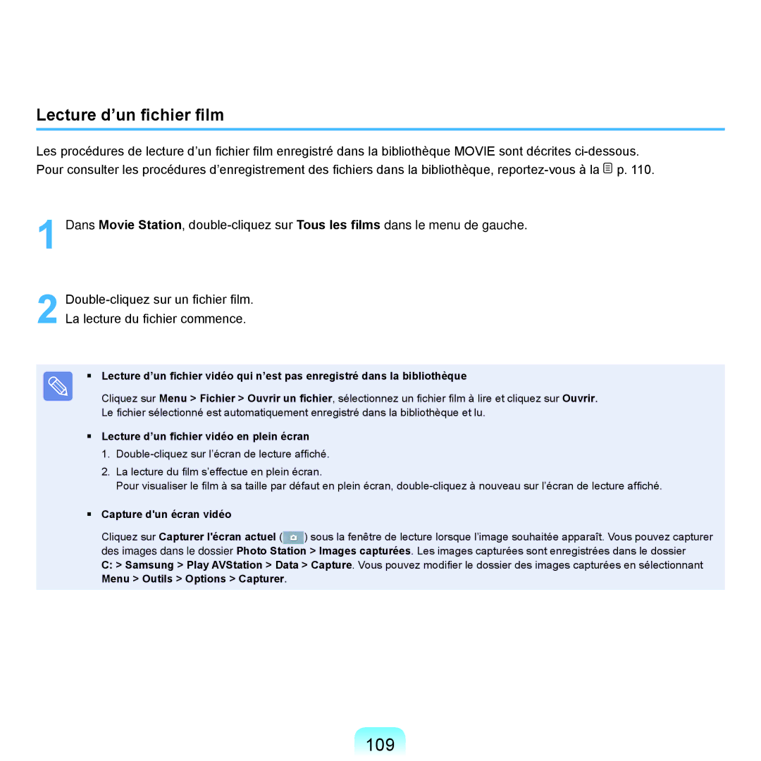 Samsung NP-R40FY04/SEF 109, Lecture d’un fichier film, Lecture d’un fichier vidéo en plein écran, Capture dun écran vidéo 