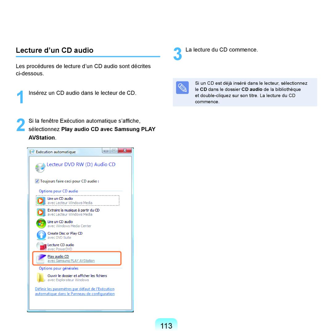 Samsung NP-R40FY03/SEF, NP-R40FY00/SEF, NP-R40FY01/SEF, NP-R40RY01/SEF, NP-R40FY05/SEF 113, Lecture d’un CD audio, AVStation 