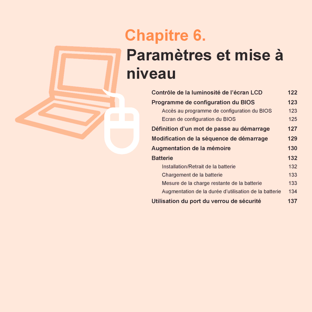 Samsung NP-R40RY01/SEF, NP-R40FY00/SEF, NP-R40FY01/SEF, NP-R40FY03/SEF manual Chapitre 6. Paramètres et mise à niveau 