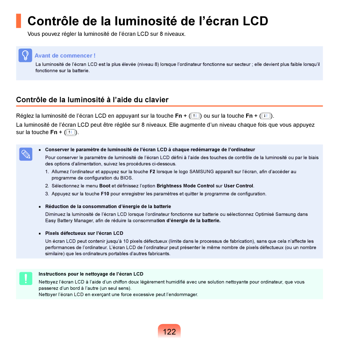 Samsung NP-R40FY05/SEF manual Contrôle de la luminosité de l’écran LCD, 122, Contrôle de la luminosité à l’aide du clavier 