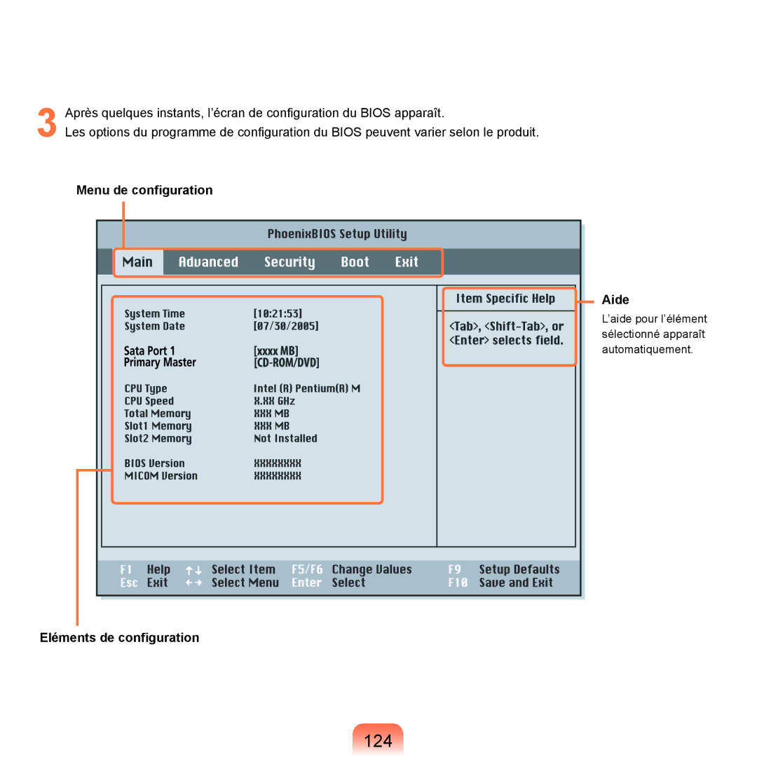 Samsung NP-R40FY02/SEF, NP-R40FY00/SEF, NP-R40FY01/SEF manual 124, Menu de configuration Aide, Eléments de configuration 