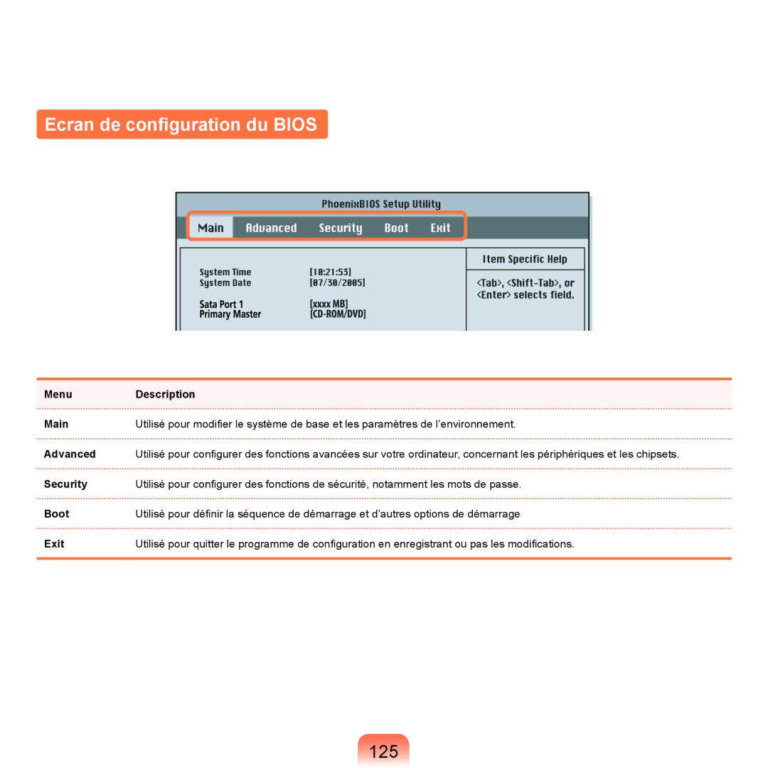 Samsung NP-R40FY00/SEF, NP-R40FY01/SEF, NP-R40FY03/SEF, NP-R40RY01/SEF, NP-R40FY05/SEF Ecran de configuration du Bios, 125 