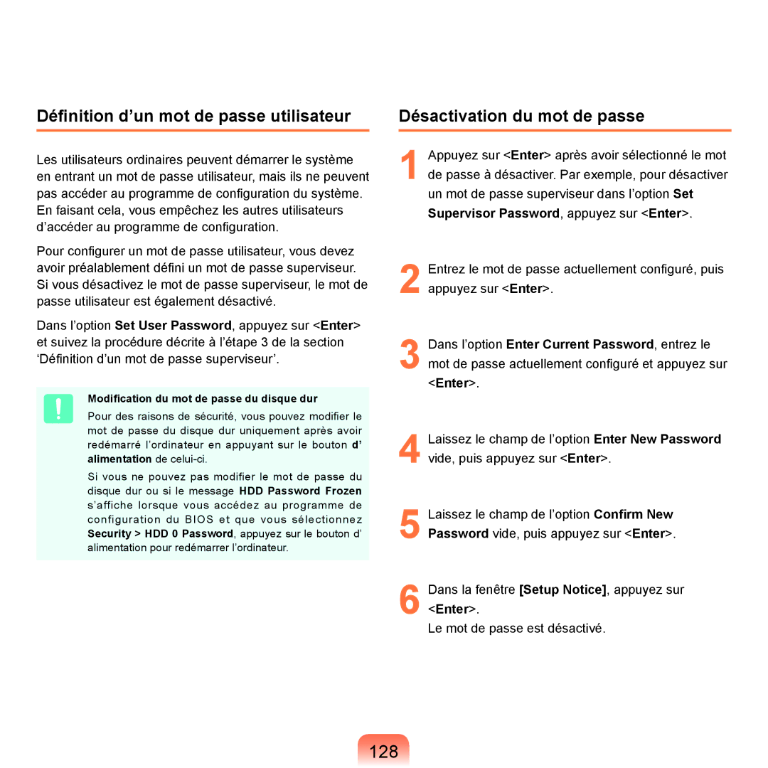 Samsung NP-R40RY01/SEF, NP-R40FY00/SEF manual 128, Définition d’un mot de passe utilisateur, Désactivation du mot de passe 