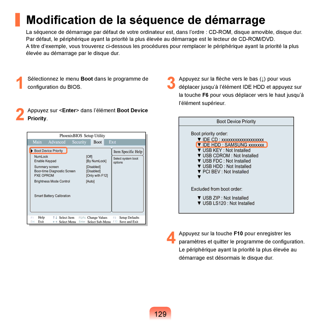 Samsung NP-R40FY05/SEF, NP-R40FY00/SEF, NP-R40FY01/SEF, NP-R40FY03/SEF manual Modification de la séquence de démarrage, 129 