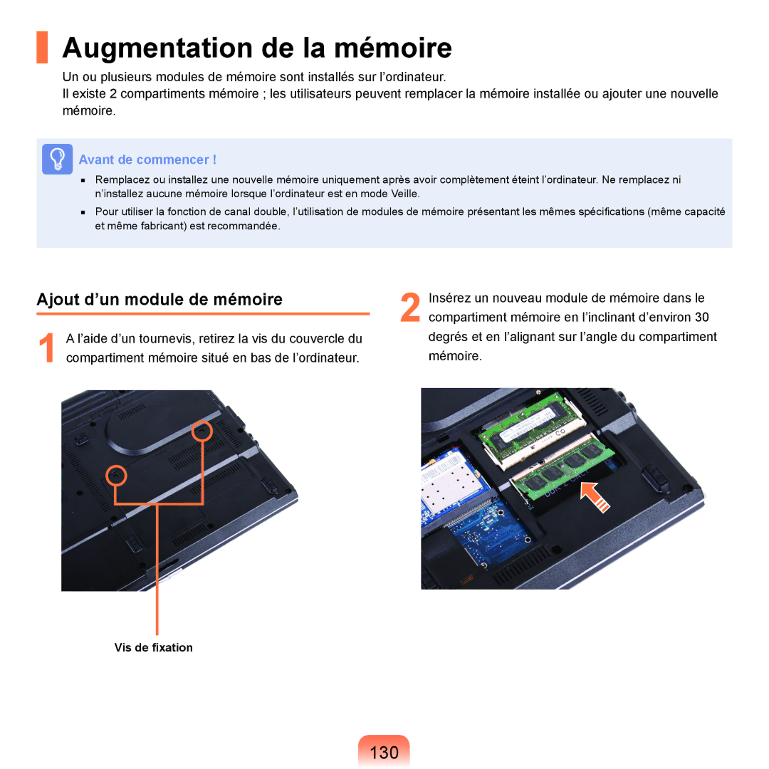 Samsung NP-R40FY04/SEF, NP-R40FY00/SEF, NP-R40FY01/SEF manual Augmentation de la mémoire, 130, Ajout d’un module de mémoire 