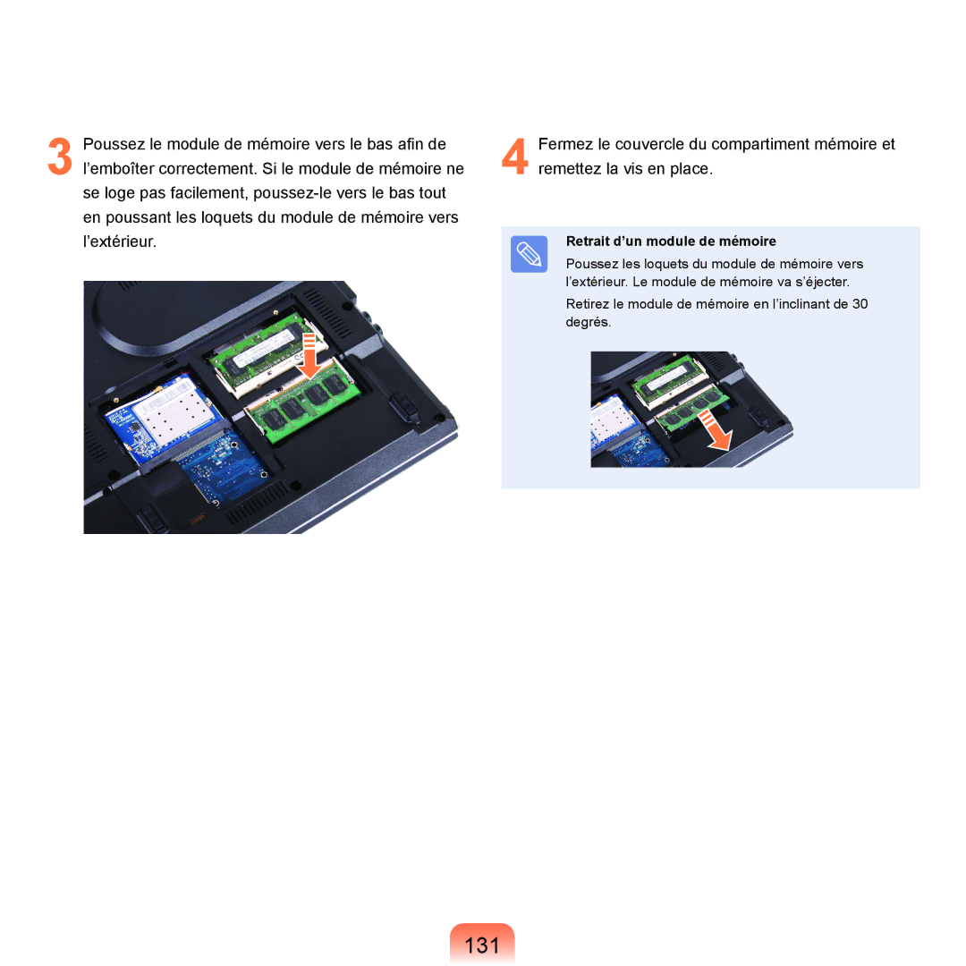 Samsung NP-R40FY02/SEF, NP-R40FY00/SEF, NP-R40FY01/SEF, NP-R40FY03/SEF, NP-R40RY01/SEF 131, Retrait d’un module de mémoire 