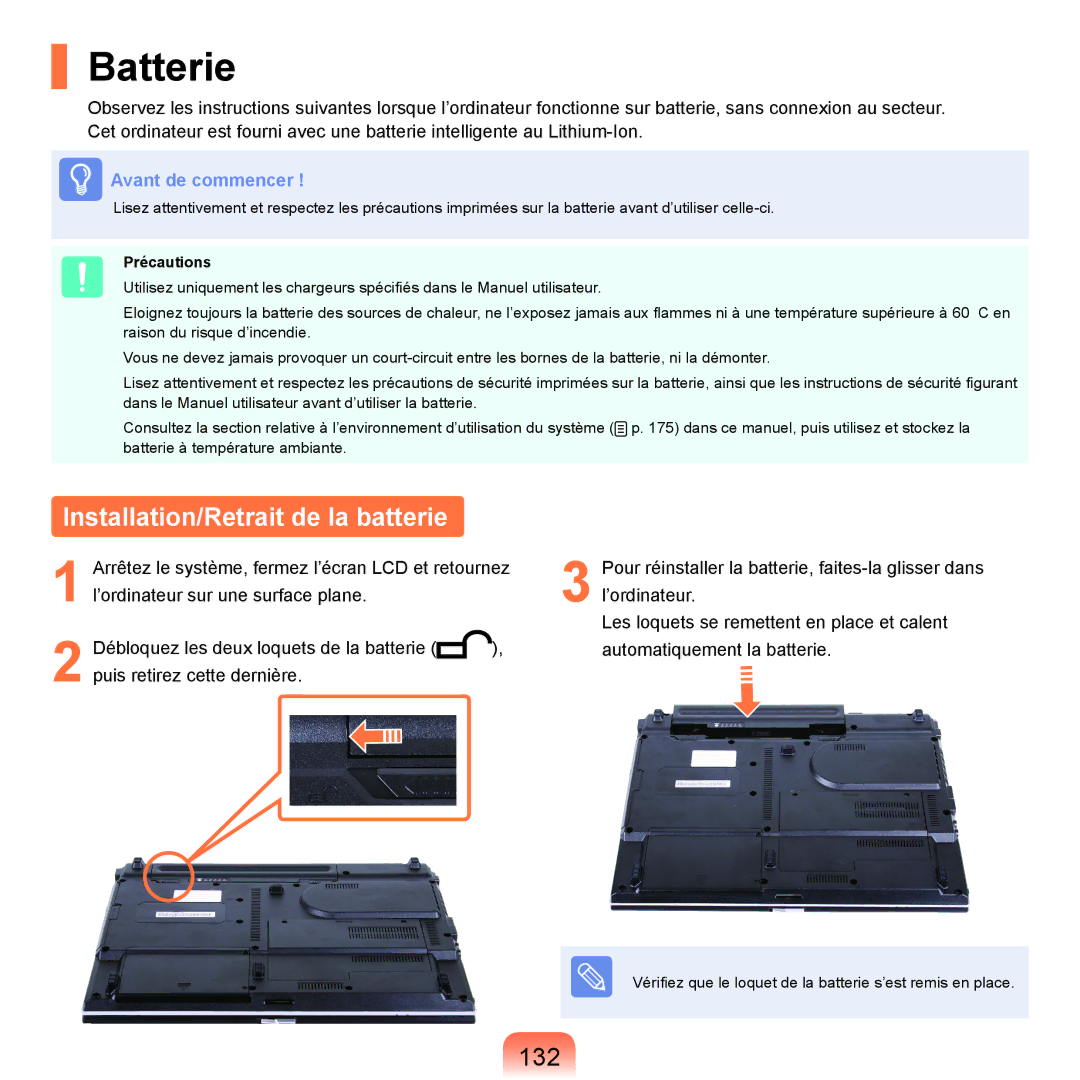 Samsung NP-R40FY00/SEF, NP-R40FY01/SEF, NP-R40FY03/SEF manual Batterie, Installation/Retrait de la batterie, 132, Précautions 