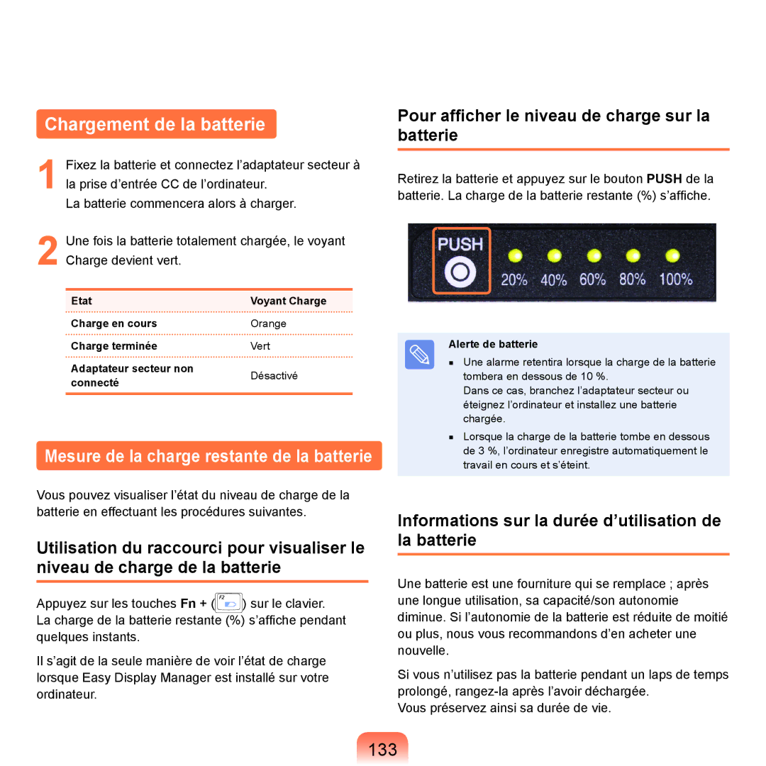 Samsung NP-R40FY01/SEF, NP-R40FY00/SEF Chargement de la batterie, 133, Pour afficher le niveau de charge sur la batterie 