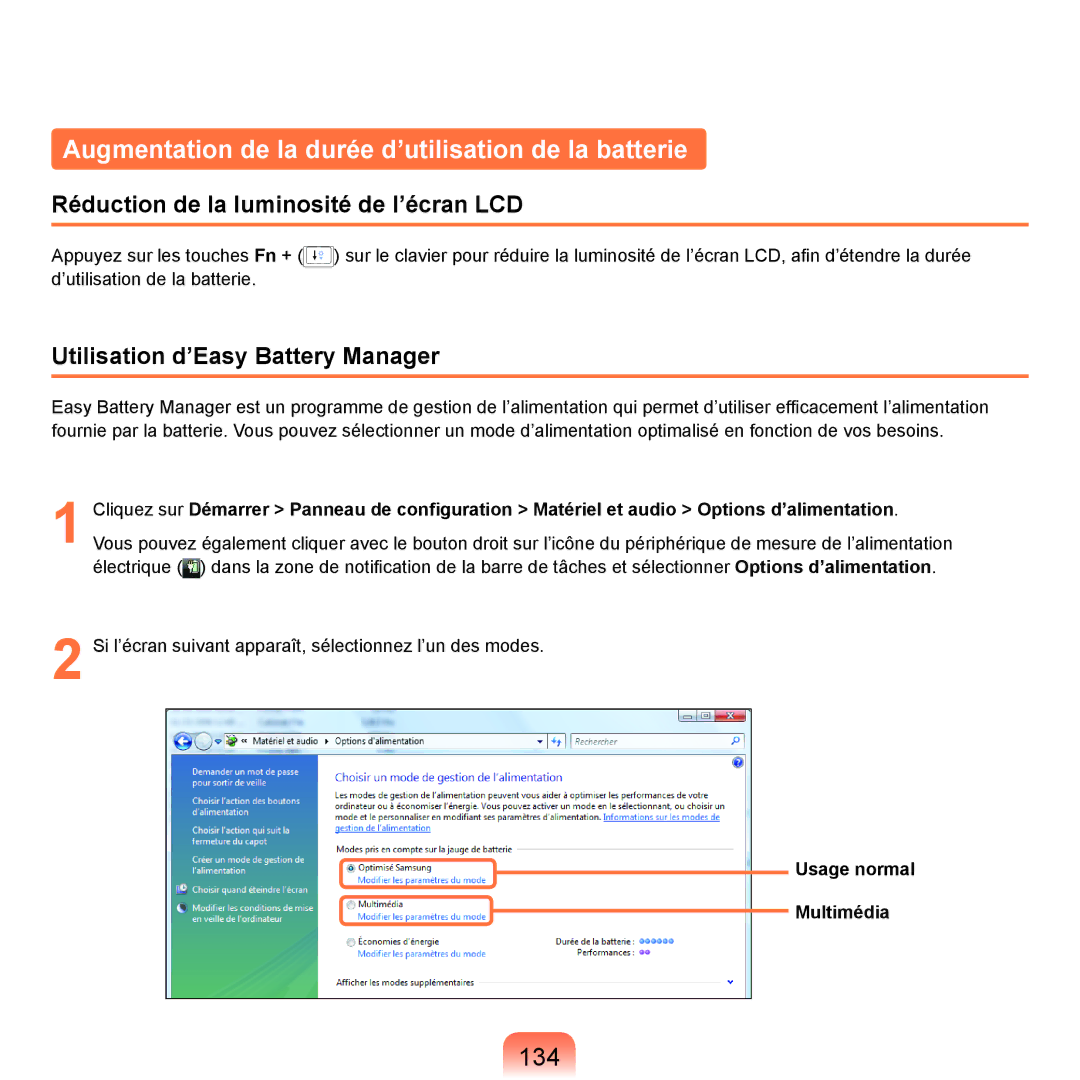 Samsung NP-R40FY03/SEF Augmentation de la durée d’utilisation de la batterie, 134, Utilisation d’Easy Battery Manager 