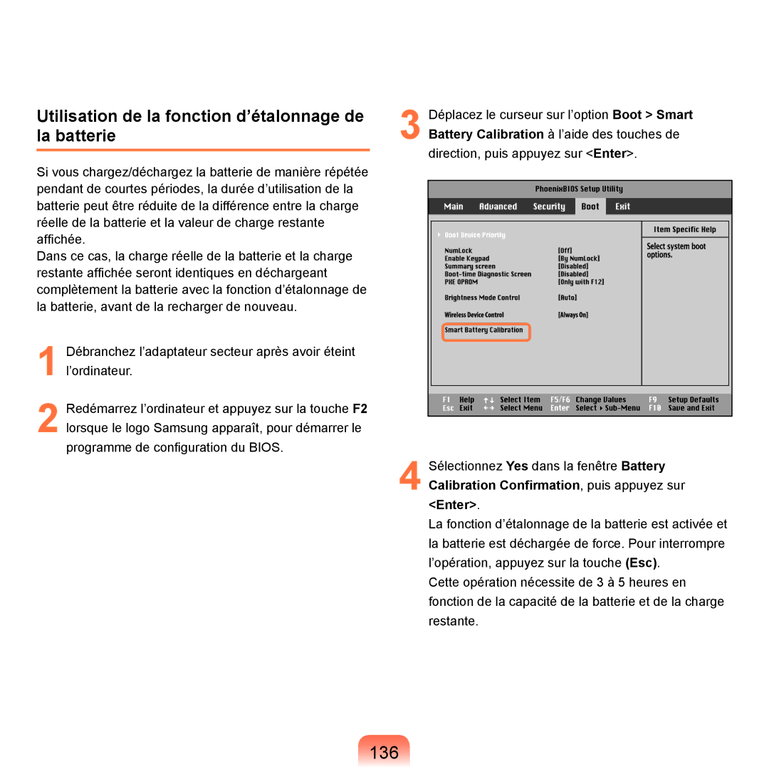 Samsung NP-R40FY05/SEF, NP-R40FY00/SEF, NP-R40FY01/SEF manual 136, Utilisation de la fonction d’étalonnage de la batterie 