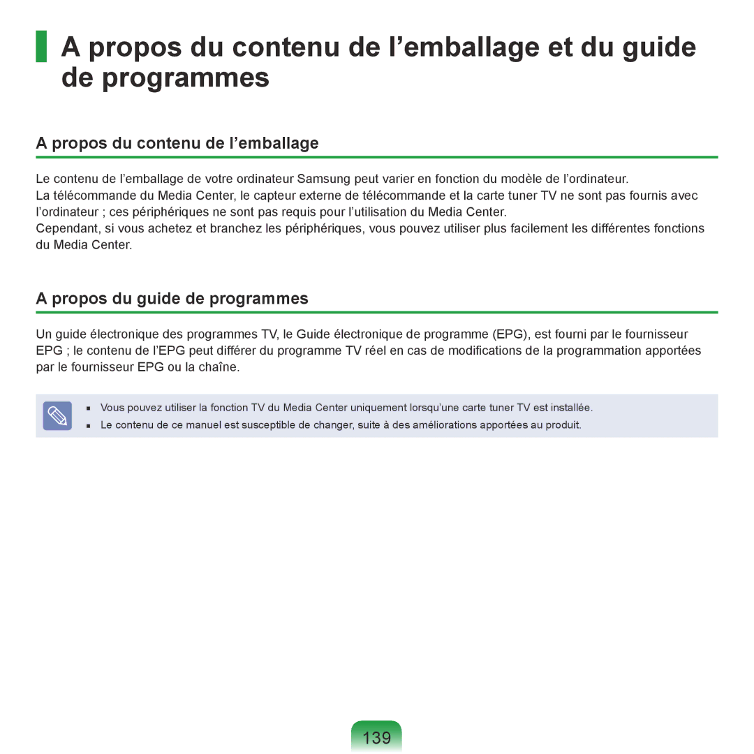 Samsung NP-R40FY00/SEF Propos du contenu de l’emballage et du guide de programmes, 139, Propos du guide de programmes 