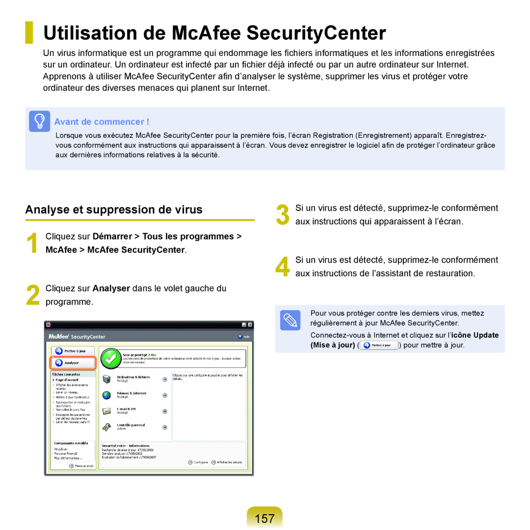 Samsung NP-R40FY05/SEF manual Utilisation de McAfee SecurityCenter, 157, Analyse et suppression de virus, Mise à jour 