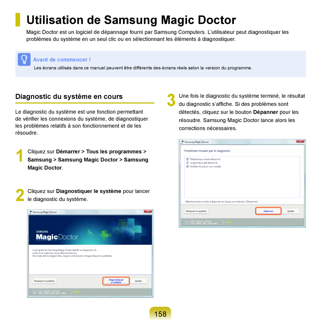 Samsung NP-R40FY04/SEF, NP-R40FY00/SEF manual Utilisation de Samsung Magic Doctor, 158, Diagnostic du système en cours 