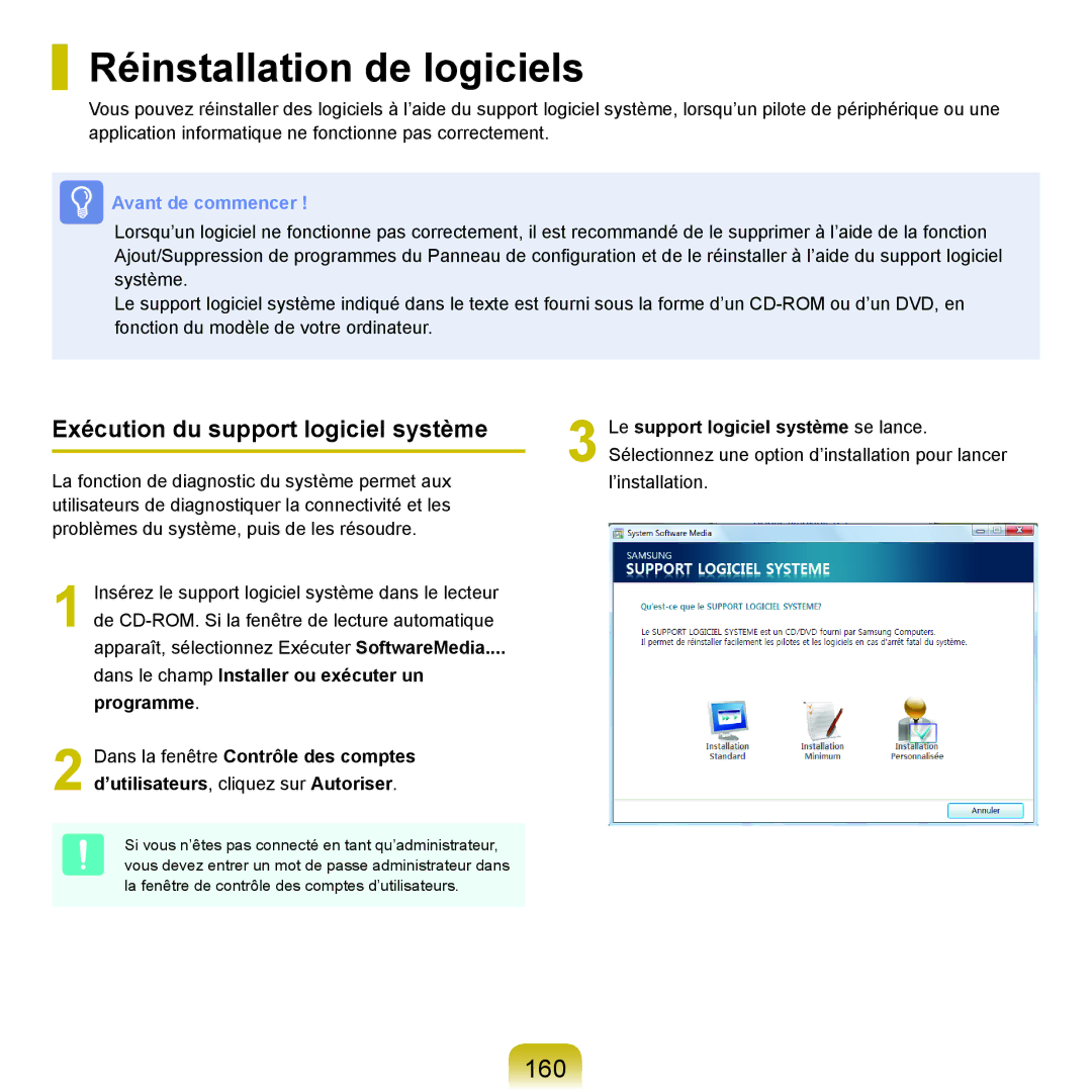 Samsung NP-R40FY00/SEF, NP-R40FY01/SEF manual Réinstallation de logiciels, 160, Exécution du support logiciel système 