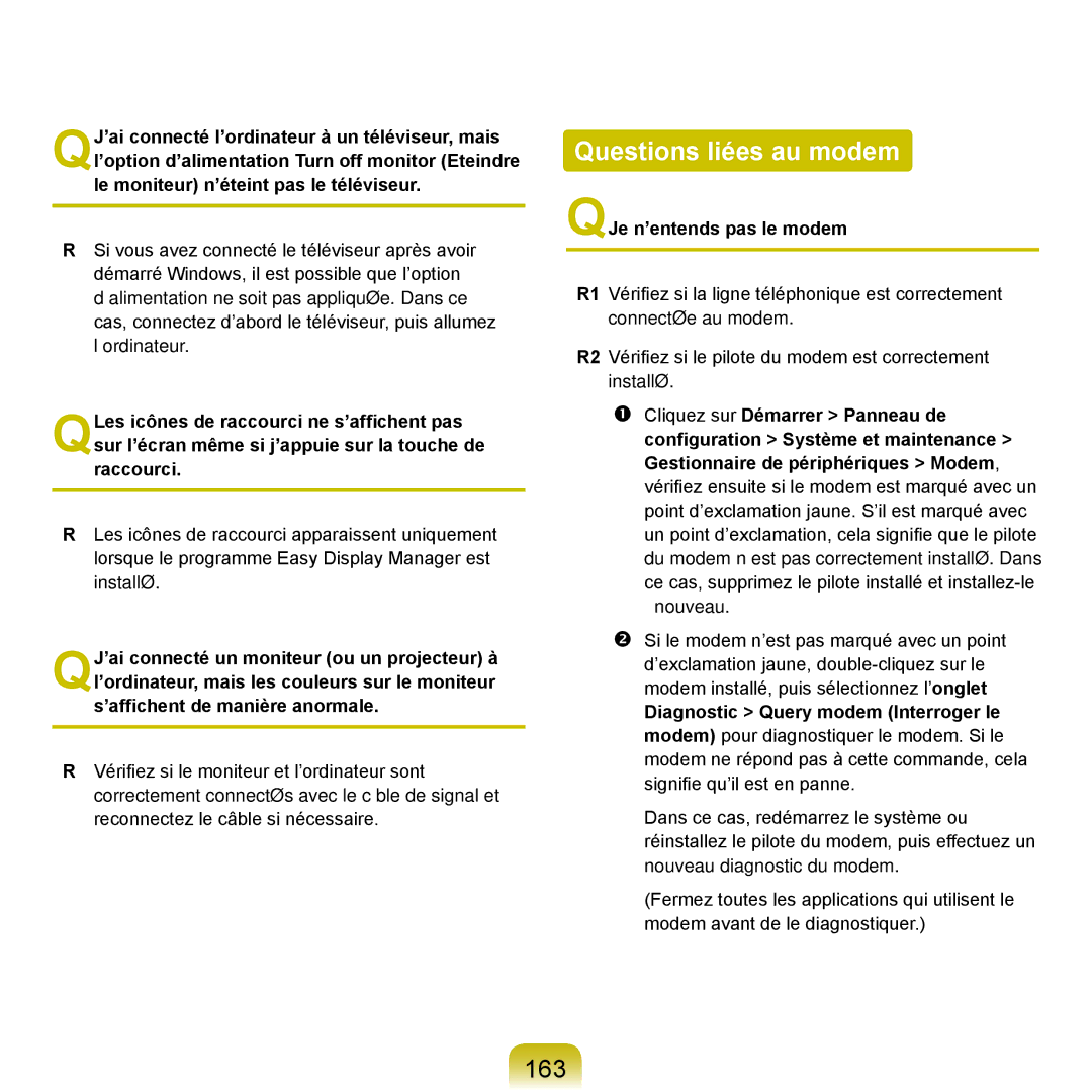 Samsung NP-R40RY01/SEF, NP-R40FY00/SEF, NP-R40FY01/SEF manual Questions liées au modem, 163, QJe n’entends pas le modem 