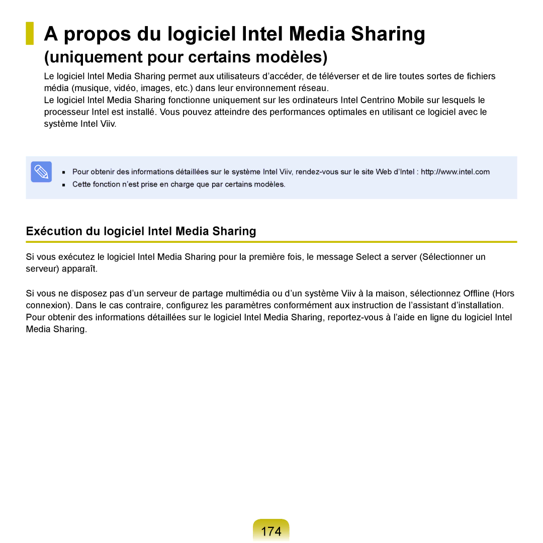 Samsung NP-R40FY00/SEF manual Propos du logiciel Intel Media Sharing, 174, Exécution du logiciel Intel Media Sharing 