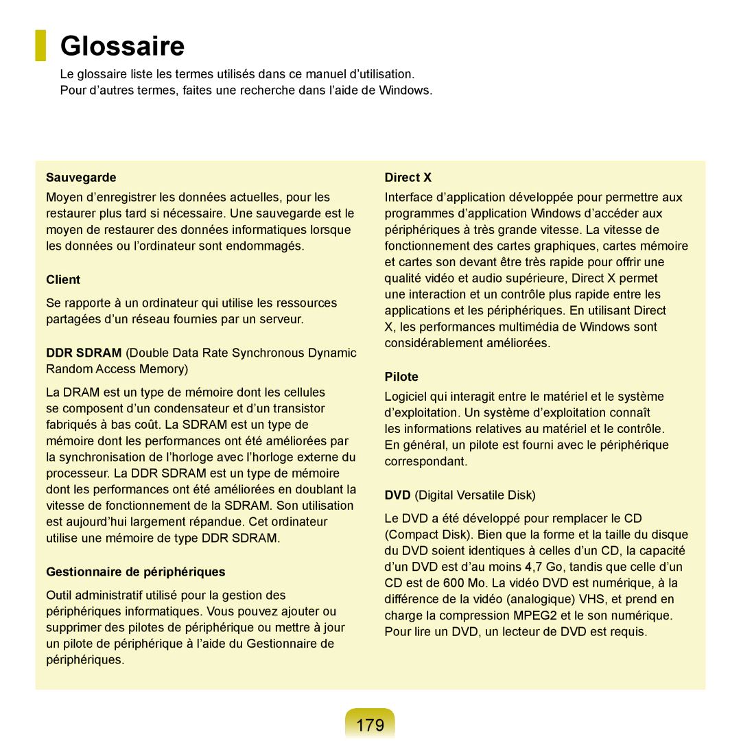 Samsung NP-R40FY04/SEF, NP-R40FY00/SEF, NP-R40FY01/SEF, NP-R40FY03/SEF, NP-R40RY01/SEF, NP-R40FY05/SEF manual Glossaire, 179 