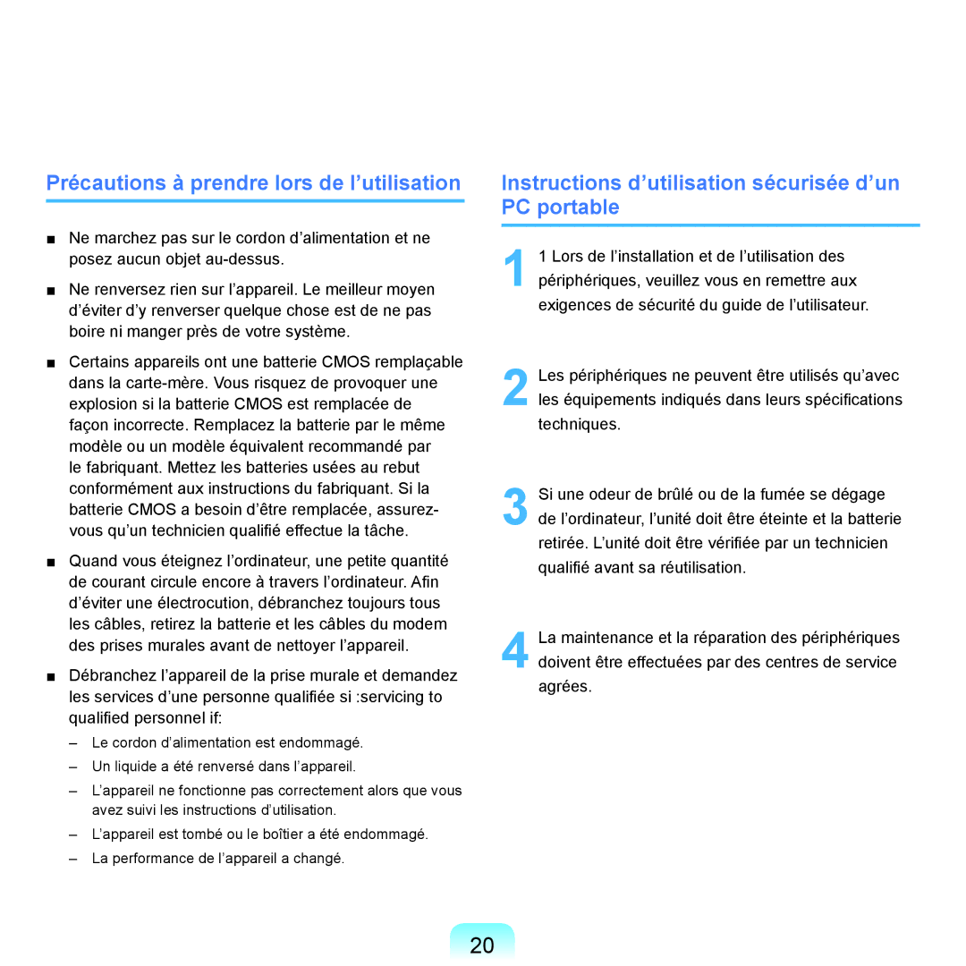 Samsung NP-R40FY00/SEF Précautions à prendre lors de l’utilisation, Instructions d’utilisation sécurisée d’un PC portable 