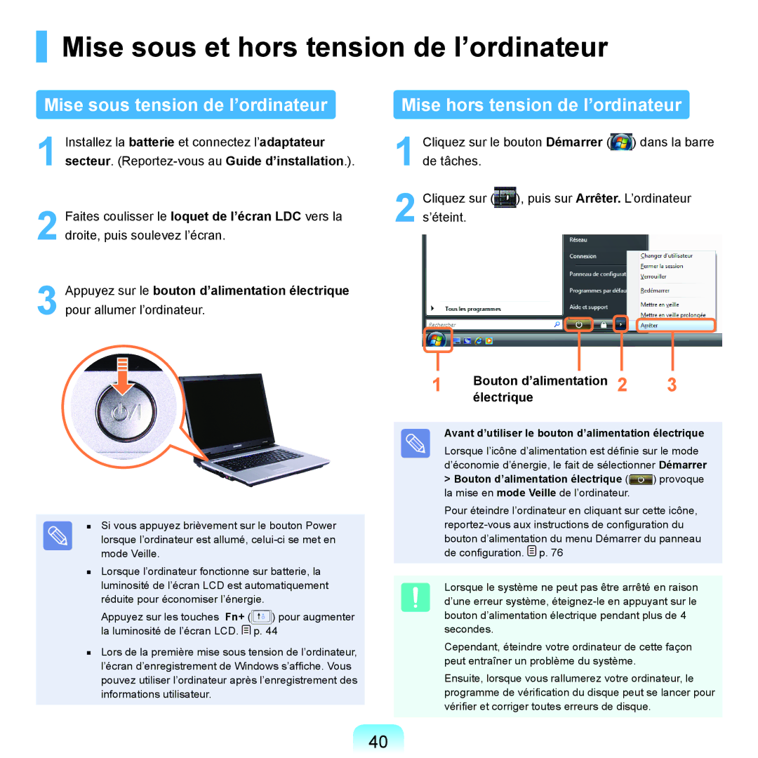 Samsung NP-R40FY02/SEF, NP-R40FY00/SEF manual Mise sous et hors tension de l’ordinateur, Mise sous tension de l’ordinateur 