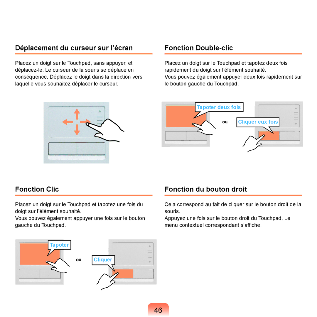 Samsung NP-R40FY04/SEF Déplacement du curseur sur l’écran, Fonction Double-clic, Fonction Clic, Fonction du bouton droit 