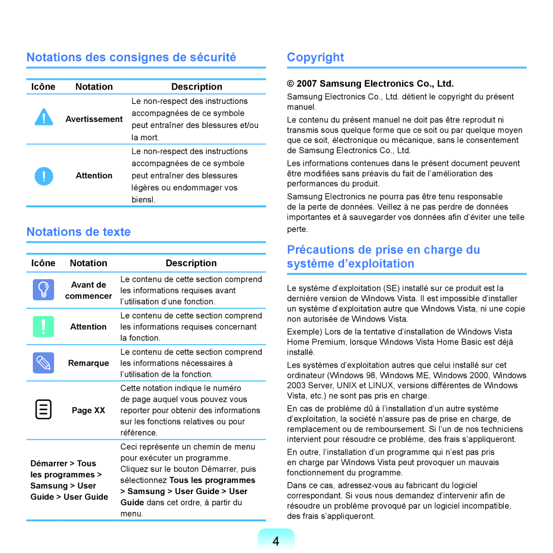 Samsung NP-R40FY04/SEF Notations des consignes de sécurité, Notations de texte, Copyright, Icône Notation Description 