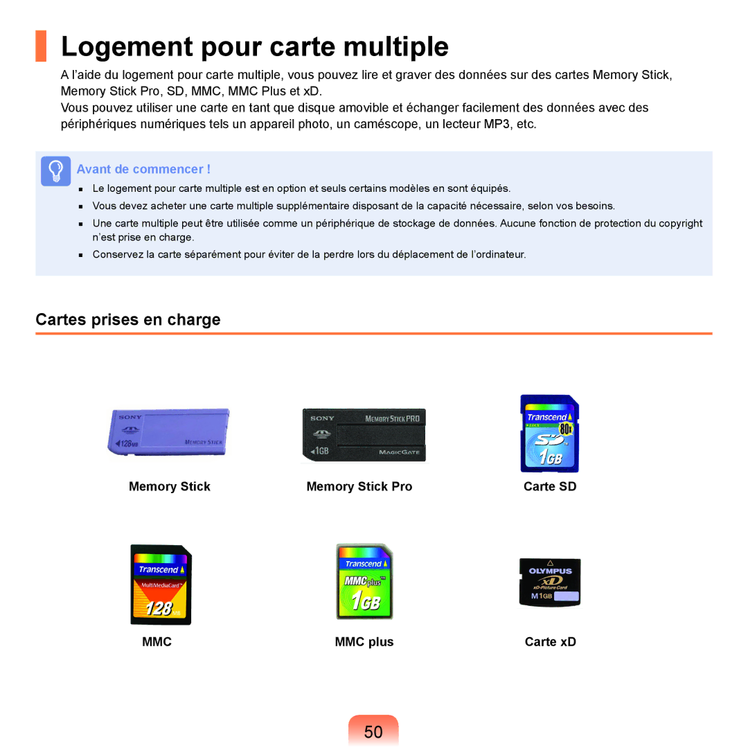 Samsung NP-R40FY03/SEF manual Logement pour carte multiple, Cartes prises en charge, Memory Stick Memory Stick Pro Carte SD 