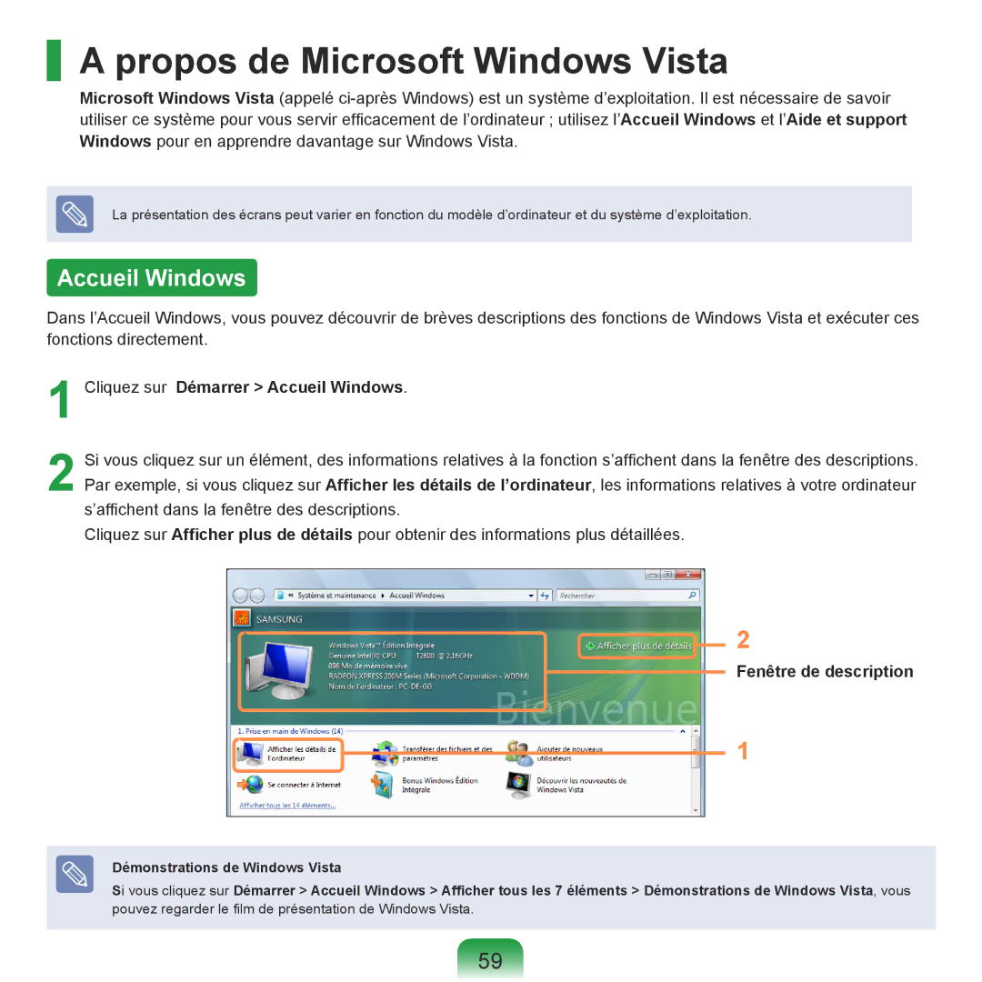 Samsung NP-R40FY05/SEF Propos de Microsoft Windows Vista, Cliquez sur Démarrer Accueil Windows, Fenêtre de description 