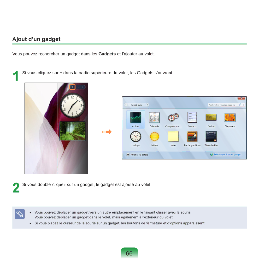 Samsung NP-R40FY05/SEF, NP-R40FY00/SEF, NP-R40FY01/SEF, NP-R40FY03/SEF, NP-R40RY01/SEF, NP-R40FY04/SEF manual Ajout d’un gadget 