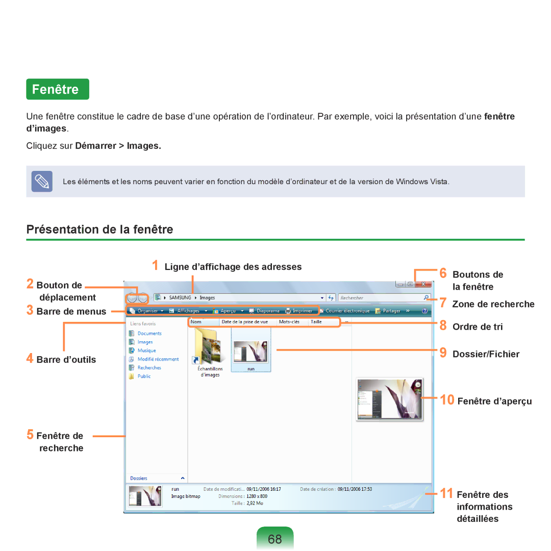 Samsung NP-R40FY02/SEF, NP-R40FY00/SEF manual Fenêtre, Présentation de la fenêtre, ’images Cliquez sur Démarrer Images 