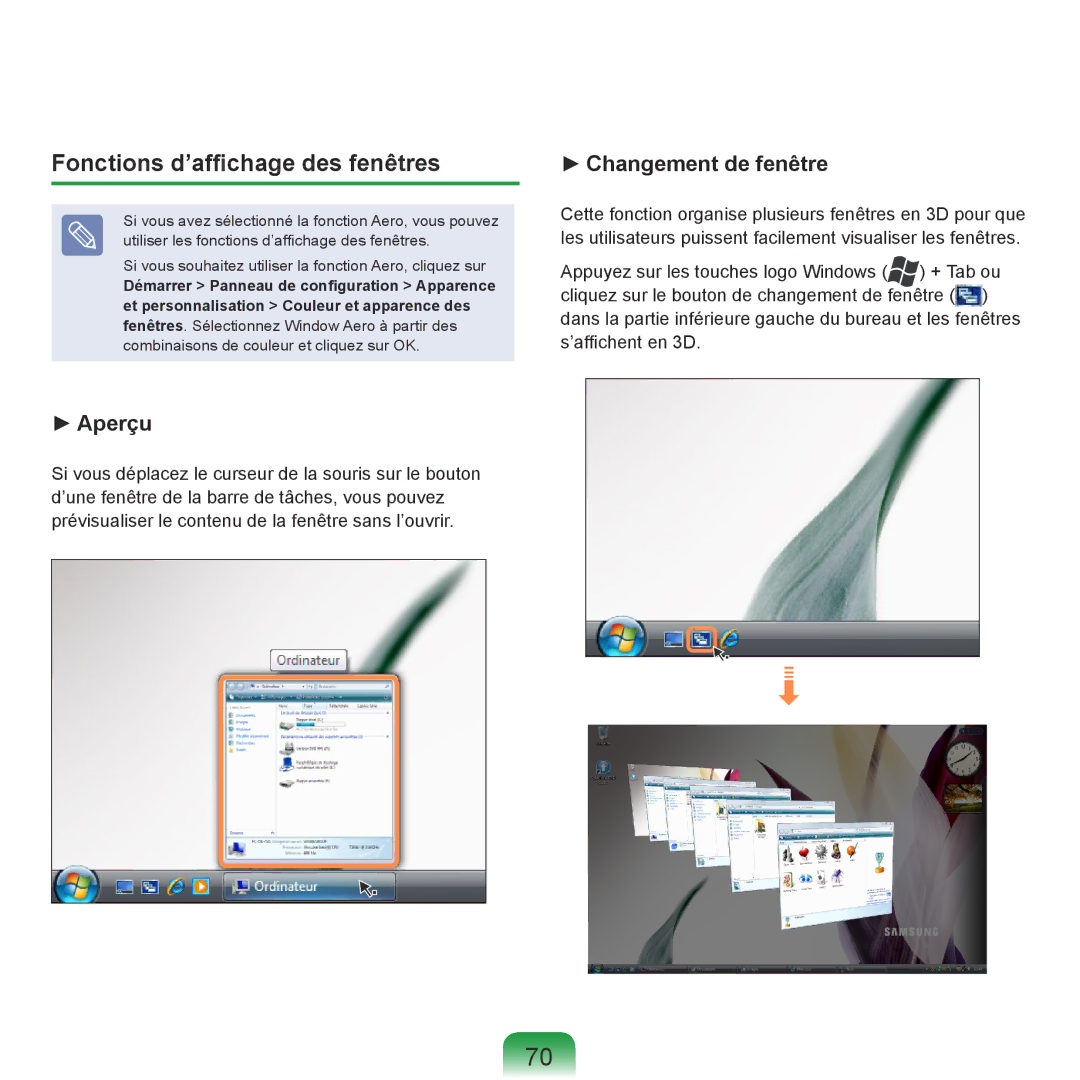 Samsung NP-R40FY01/SEF, NP-R40FY00/SEF, NP-R40FY03/SEF, NP-R40RY01/SEF manual Fonctions d’affichage des fenêtres, Aperçu 