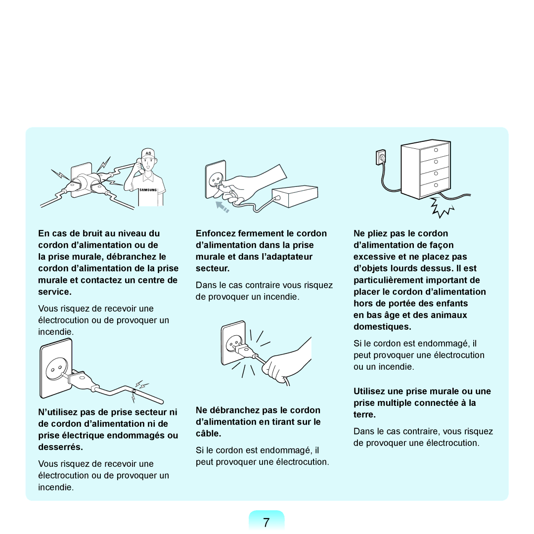 Samsung NP-R40FY01/SEF, NP-R40FY00/SEF, NP-R40FY03/SEF manual Dans le cas contraire vous risquez de provoquer un incendie 