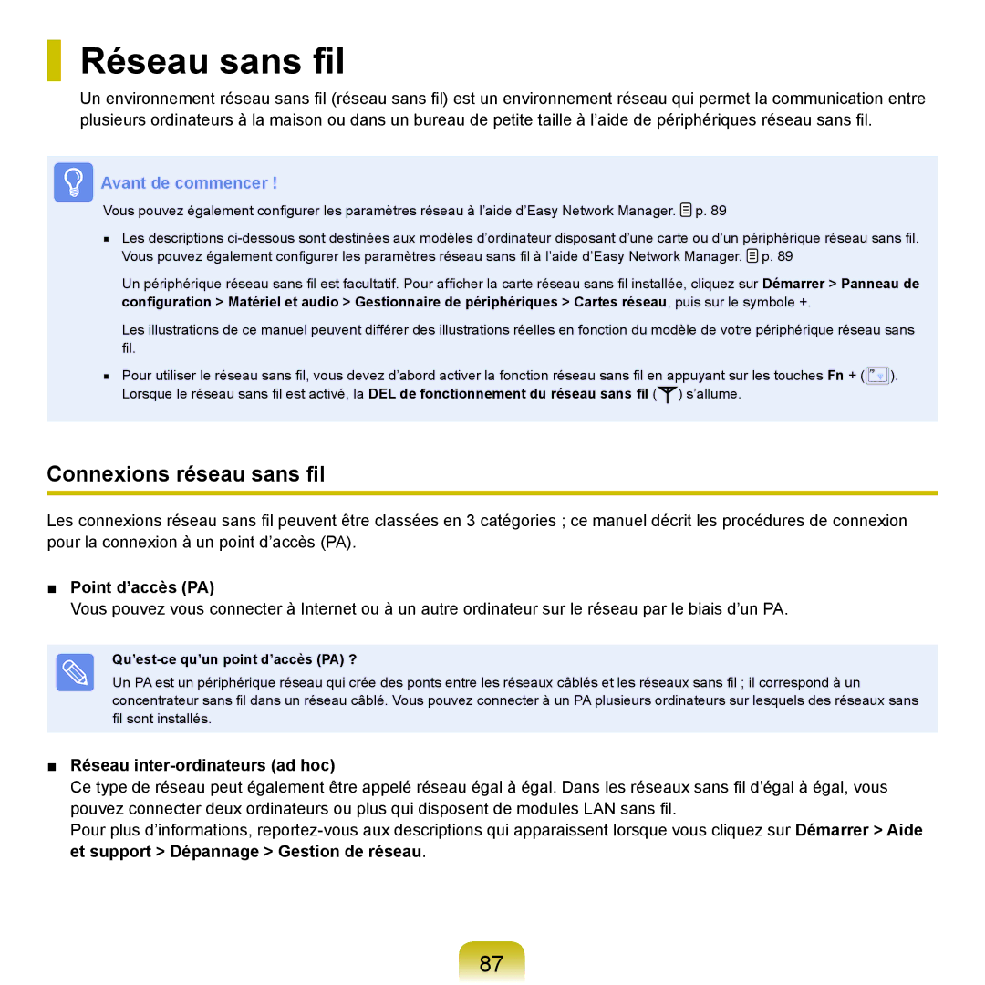 Samsung NP-R40FY05/SEF Réseau sans fil, Connexions réseau sans fil, Point d’accès PA, Réseau inter-ordinateurs ad hoc 