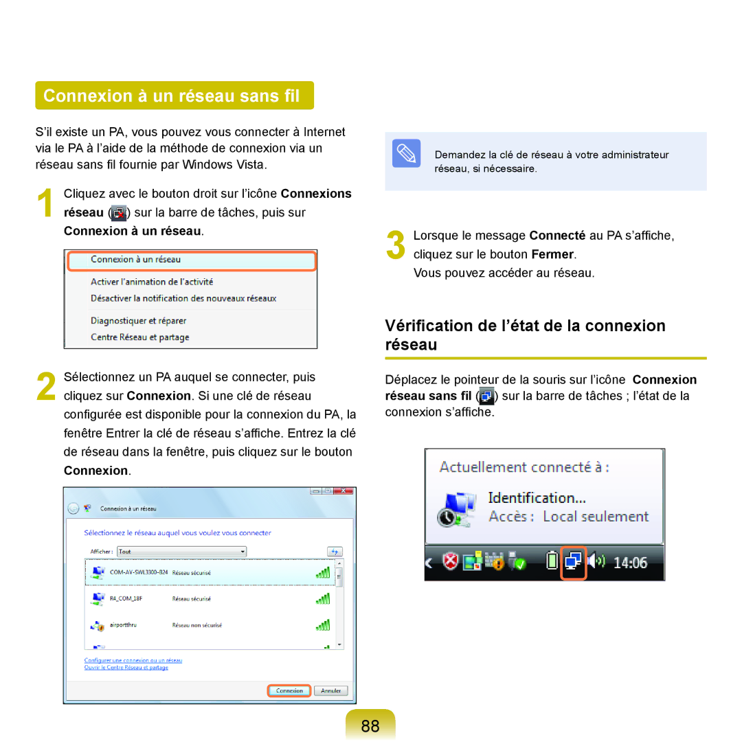 Samsung NP-R40FY04/SEF, NP-R40FY00/SEF manual Connexion à un réseau sans fil, Vérification de l’état de la connexion réseau 