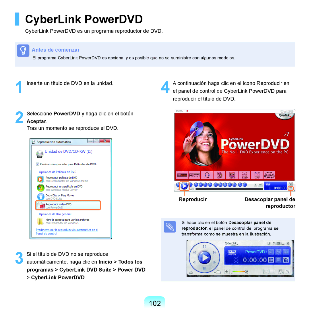 Samsung NP-R40FY06/SES, NP-R40FY07/SES, NP-R40FY00/SES, NP-R40XY01/SES manual CyberLink PowerDVD, 102, Reproducir, Reproductor 