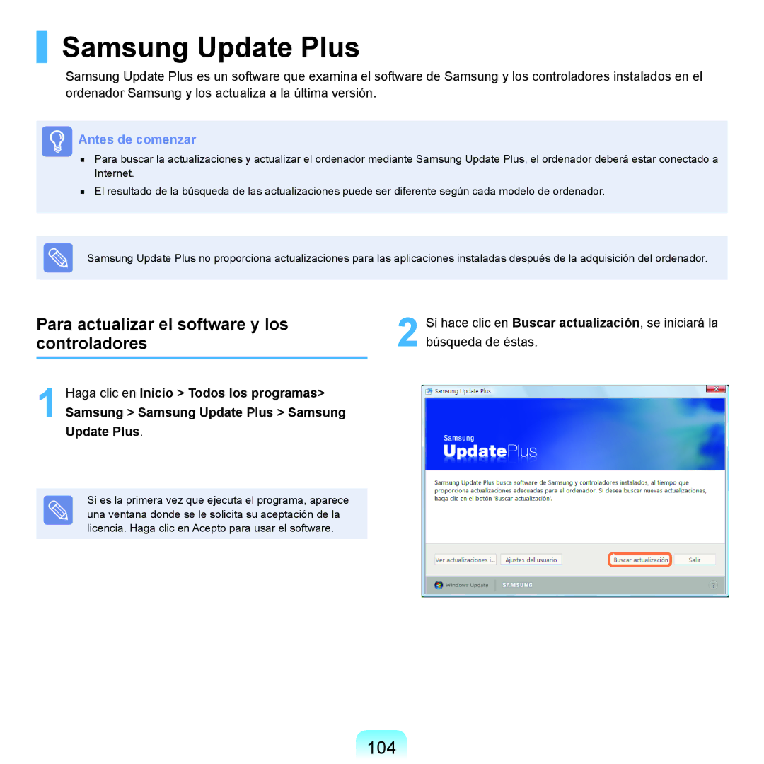 Samsung NP-R40FY01/SES, NP-R40FY07/SES manual Samsung Update Plus, 104, Para actualizar el software y los controladores 